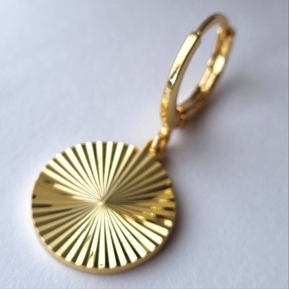 Earrings | Gold Toned | Round, Textured Sunburst | Huggies Hoop Drop Style. 💕 - Picture 9 of 16